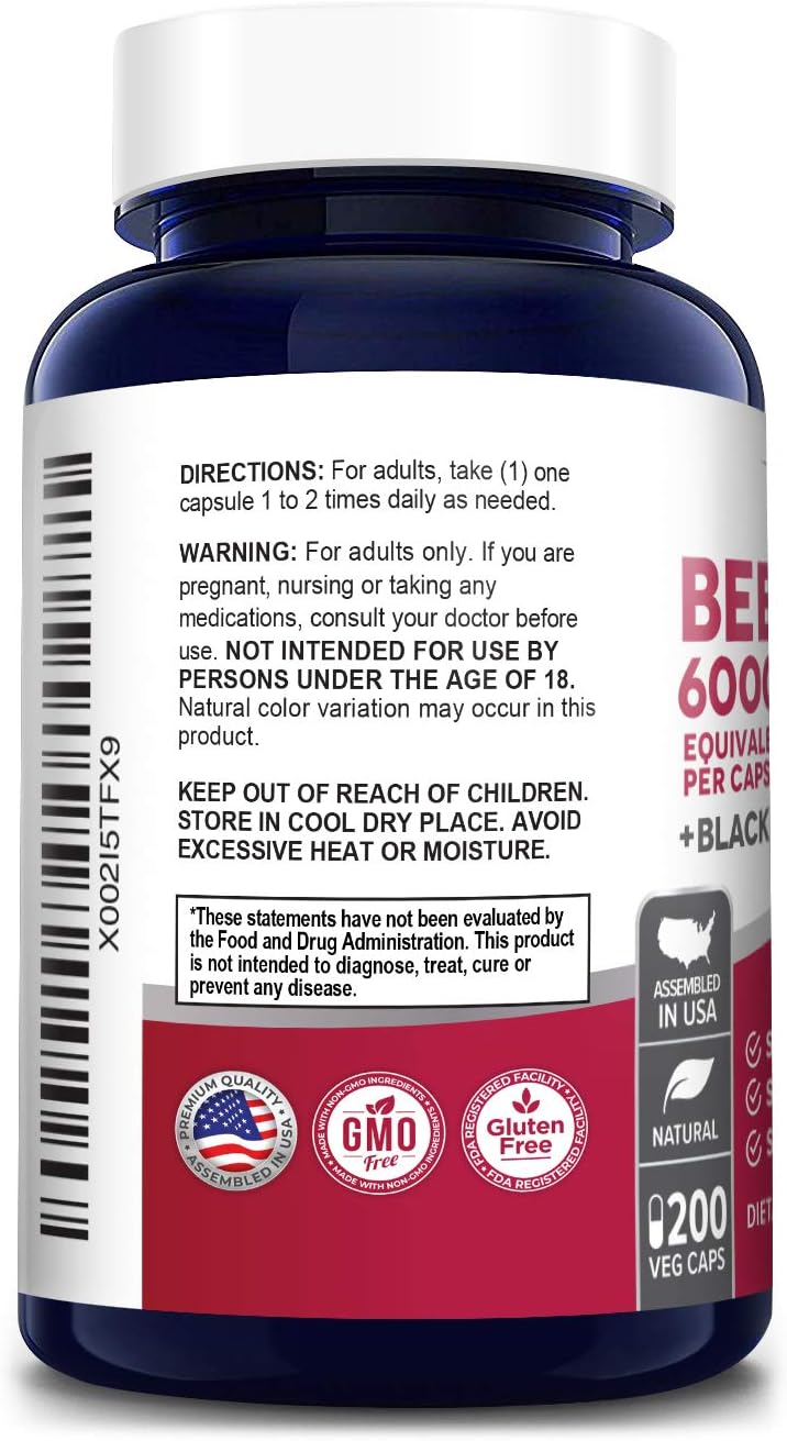 Beet Root 6000 mg 200 Veggie caps (Vegan, Non-GMO, Extract 20:1 & Gluten-Free) with Black Pepper - Supports Healthy Blood Pressure, Supports Performance and Energy Levels* *: Health & Personal Care