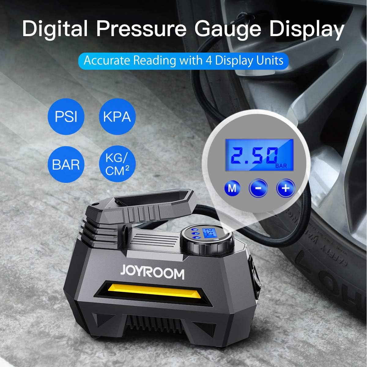 joyroom Portable Car Air Pump Tire Inflator CZK-3631, Tire Compressor with Digital Pressure Gauge (150 PSI 12V DC), Bright Emergency Flashlight - for Auto, Trucks, Bikes, Balls (Gray): Automotive
