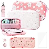 RHOTALL Pink-White Cherry Blossom Carrying Case for Nintendo Switch Lite, Portable Storage for Accessories With Protective Case, Screen Protector, Adjustable Shoulder Strap and 2 Thumb Caps