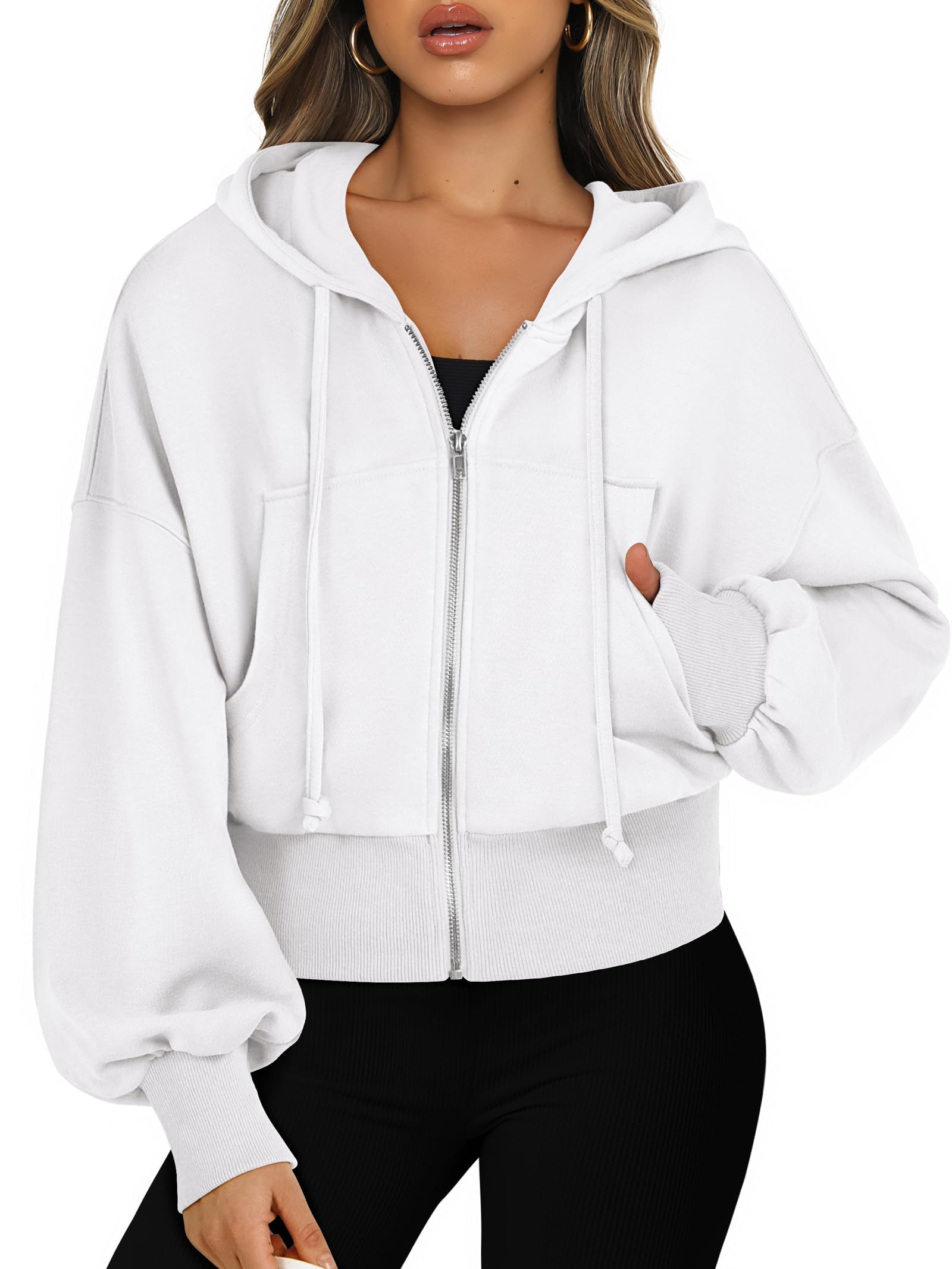 Photo 1 of ANRABESS Womens Zip Up Hoodies Cropped Sweatshirts Casual Comfy Cute Zip Jackets Fashion Trendy Fall Outfits 2025 Y2K Clothes White Small