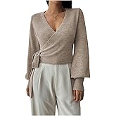 Womens Fall Wrap Sweater Long Sleeve Pullover Casual V Neck Slim Fit Fashion Knit Crop Top Wrap Top Sweater