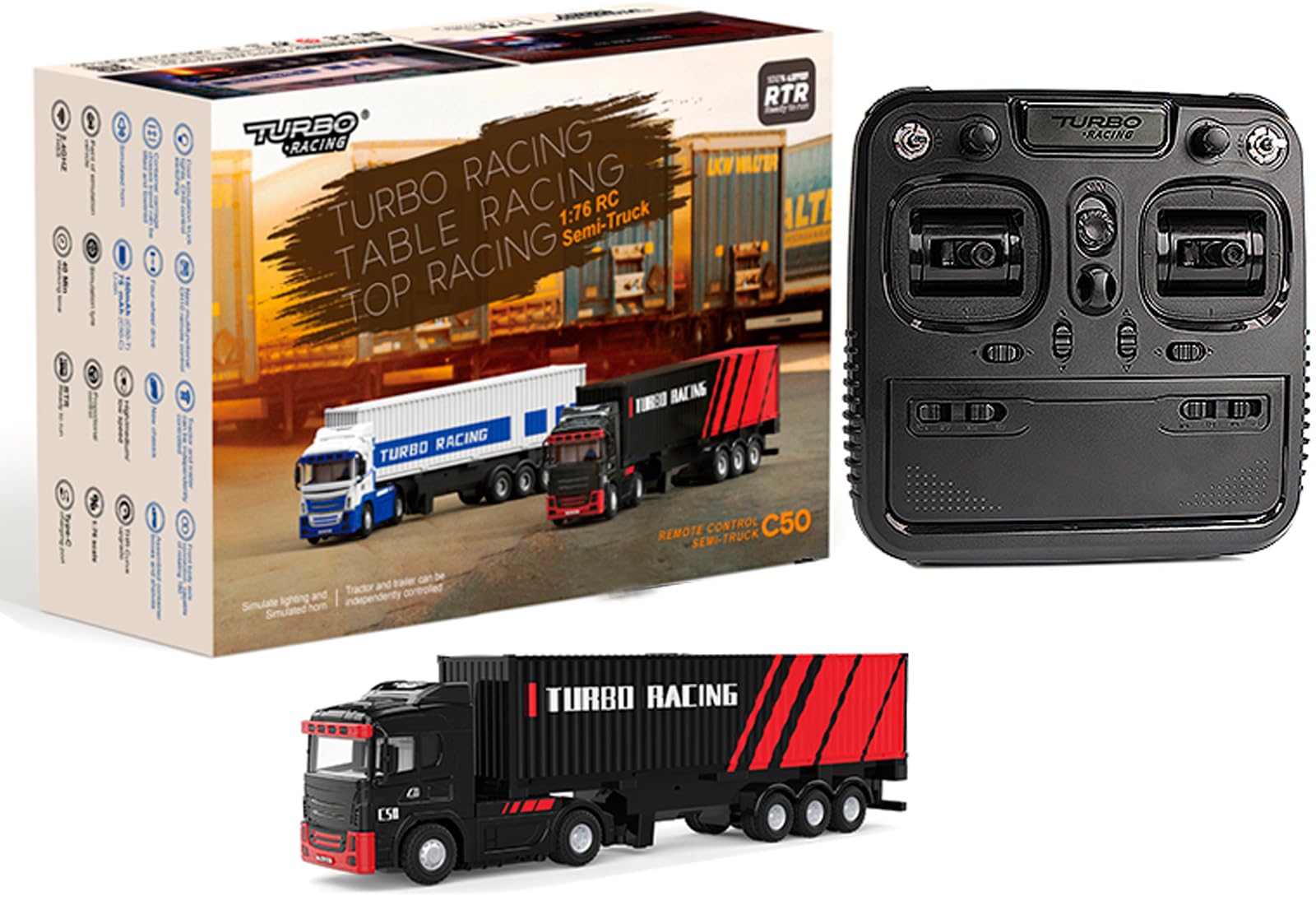 Photo 1 of FLYCOLOR Turbo Racing 1:76 C50 RTR Tractor Remote Control Truck Four-Wheel Drive Simulated Headlights 10CH Minicar Model(Black-Red)