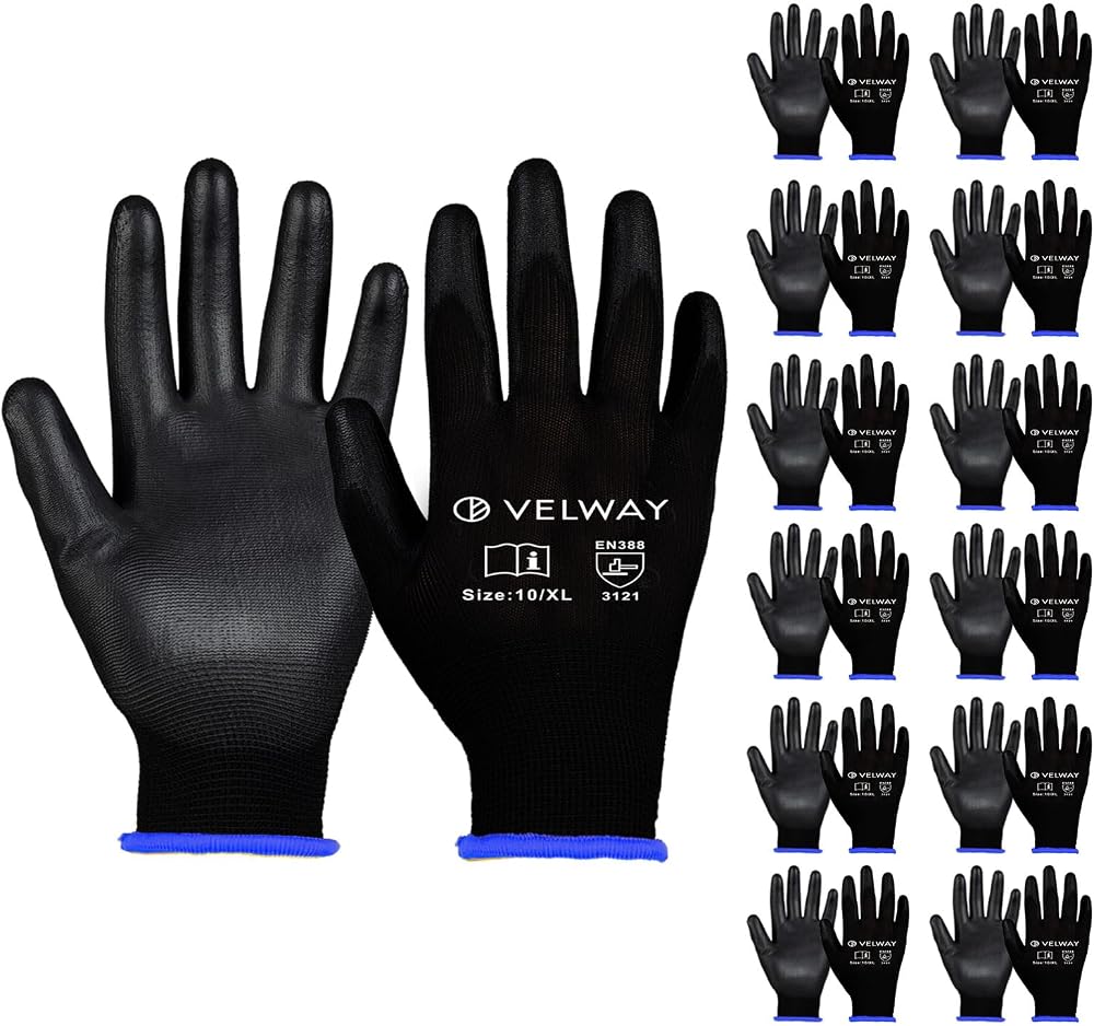 Velway 12 Pairs Safety Work Gloves PU Coated Non-Slip EN388 Size XL 10
