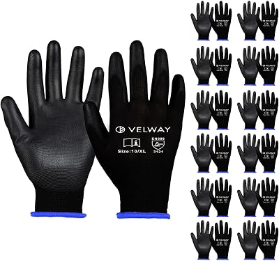 Velway 12 Pairs Safety Work Gloves PU Coated Non-Slip EN388 Size XL 10