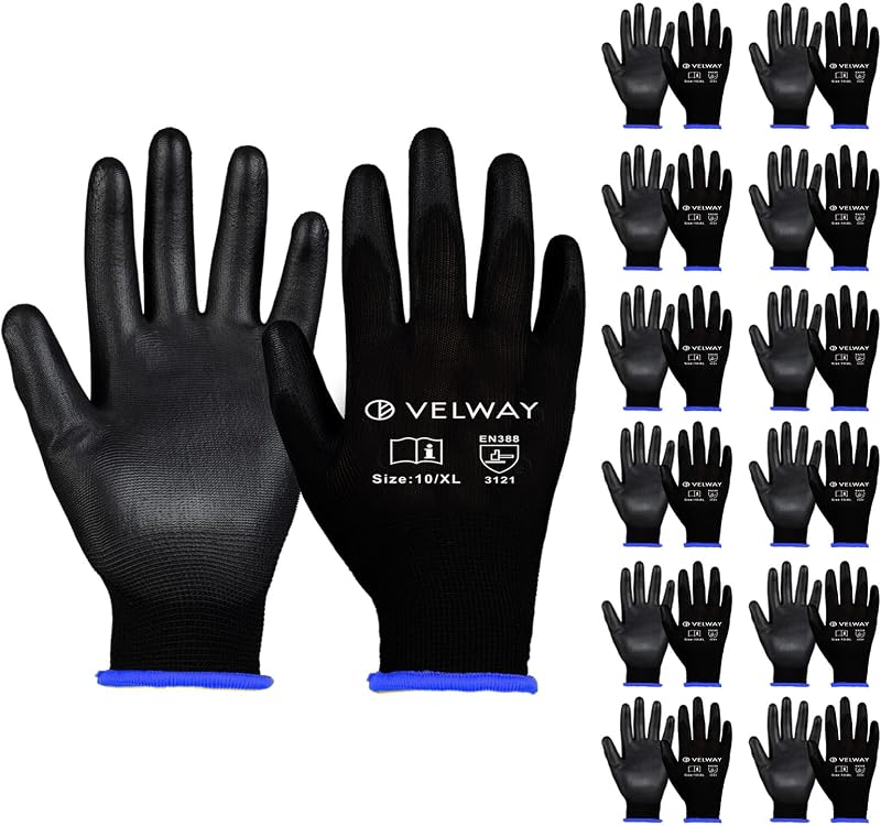 Velway 12 Pairs Safety Work Gloves PU Coated Non-Slip EN388 Size XL 10