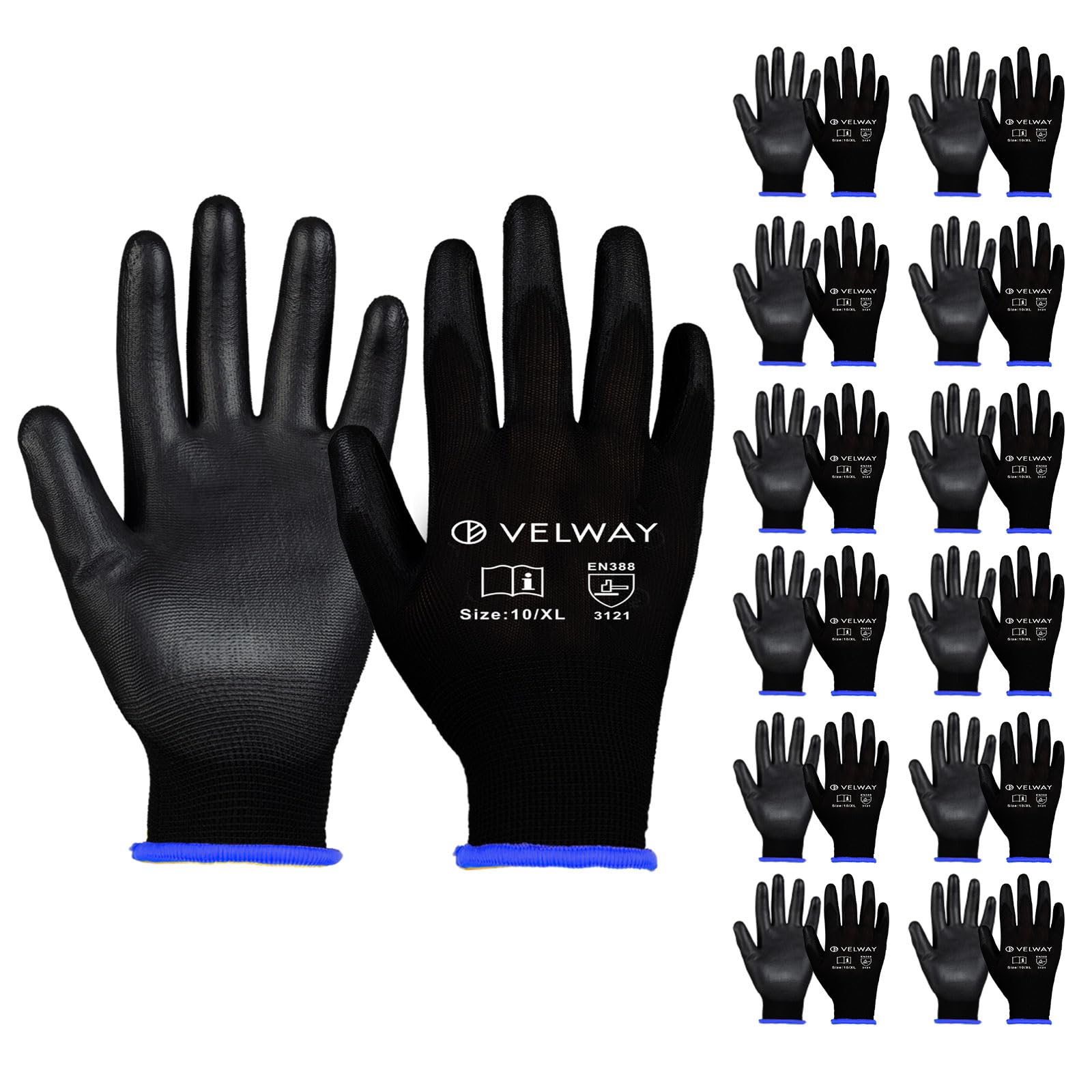Velway 12 Pairs Safety Work Gloves - Firm Grip Non-Slip PU Coated Builders Gardening Protective EN388 Mechanic Working for Men Women Black (Size 10/XL)