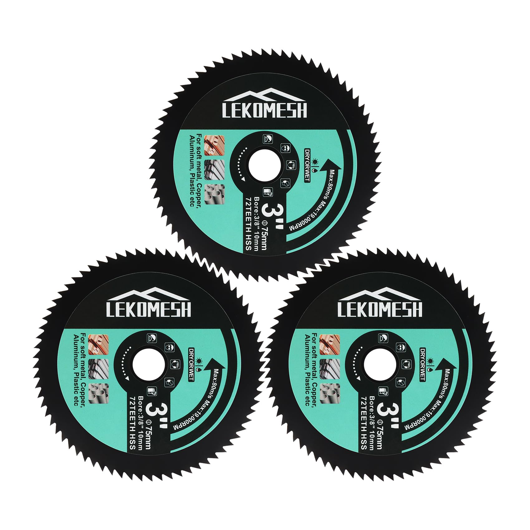 HSS Circular Cutting Disc- 3pcs 75mm/3" 72T 3/8" (10 mm) Arbor Cutting Disc for Soft Metal, Copper, Aluminium, Wood, Plastic, Cutting Disc, LEKOMESH