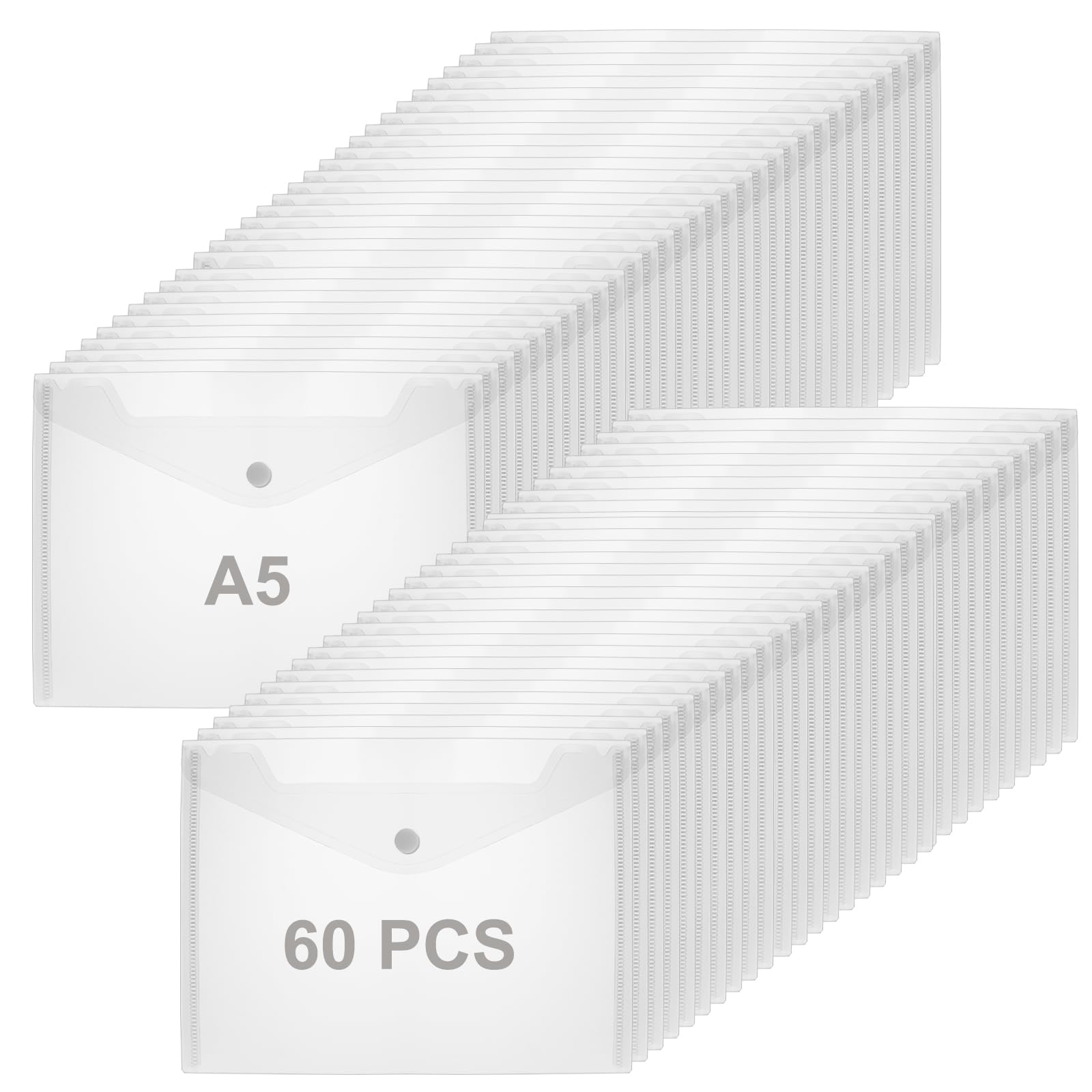 SHUESS 60 Pcs Plastic Wallets A5 - A5 Plastic Wallets with Popper - A5 Wallets - Clear Document Wallet for Home, Office, School