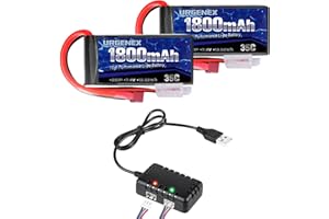 URGENEX 7.4V Lipo Battery 2S 35C 1800mAh Rechargeable RC Battery Pack with Deans T Plug Campatibal with Most 1/10, 1/16 Scale RC Cars Trucks and 7.4V 1to2 USB Lipo Battery Charger
