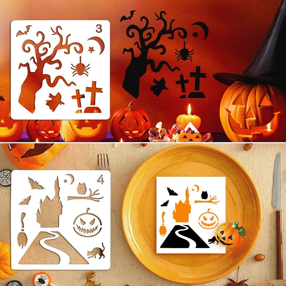 Coogam 8 Pcs Halloween Stencils Template DIY Decorative Pumpkins Design Mould Set - Reusable Plastic Craft for Art Drawing Painting Spraying Window Mirror Glass Door Car Body Wood Journaling Scrapbook: Toys & Games