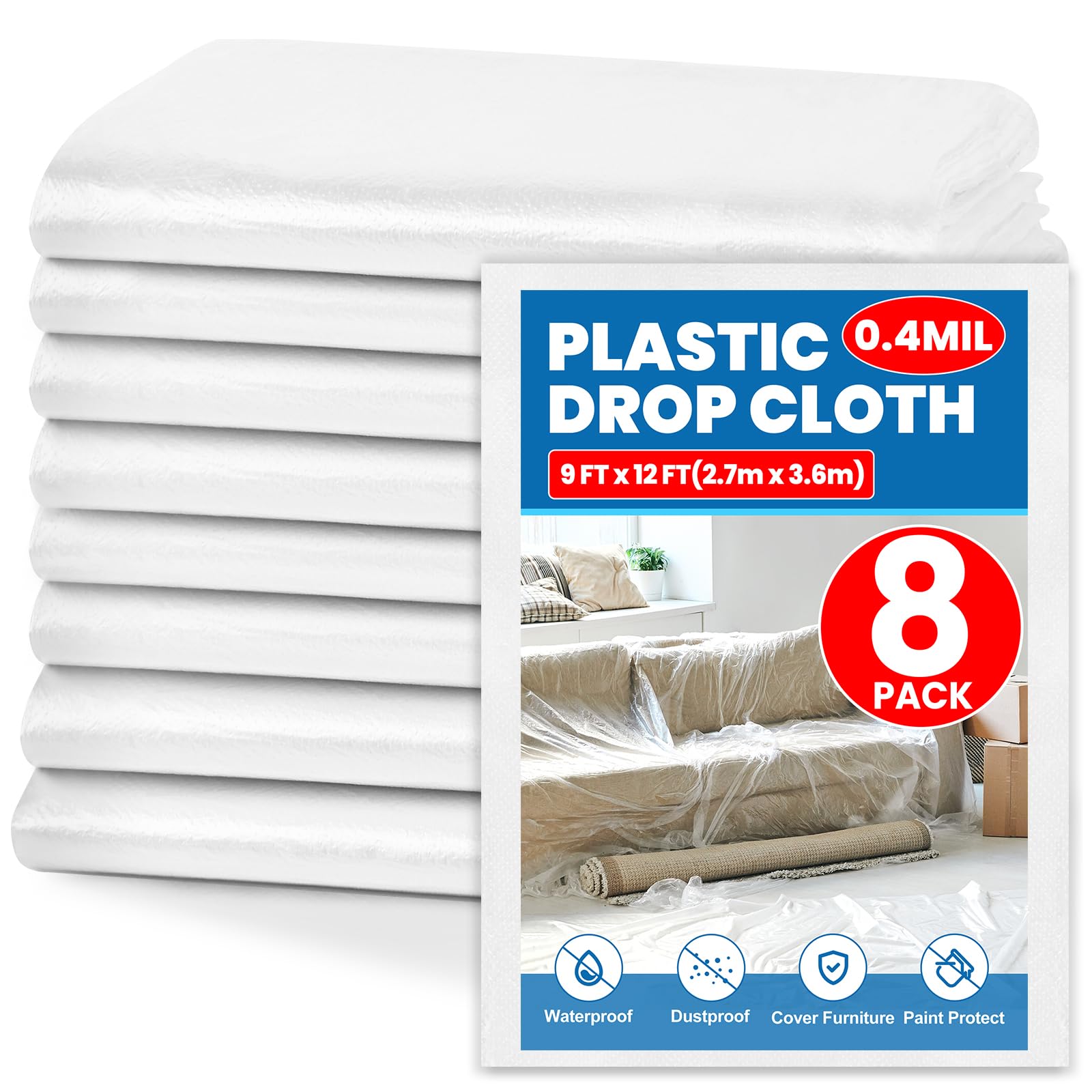 Photo 1 of 8 Pack Plastic Drop Cloth, 9 x 12 Feet Plastic Sheeting, Painter's Sheeting & Tarps for Painting, Dustproof Painters Plastic Tarp for Furniture Cover
