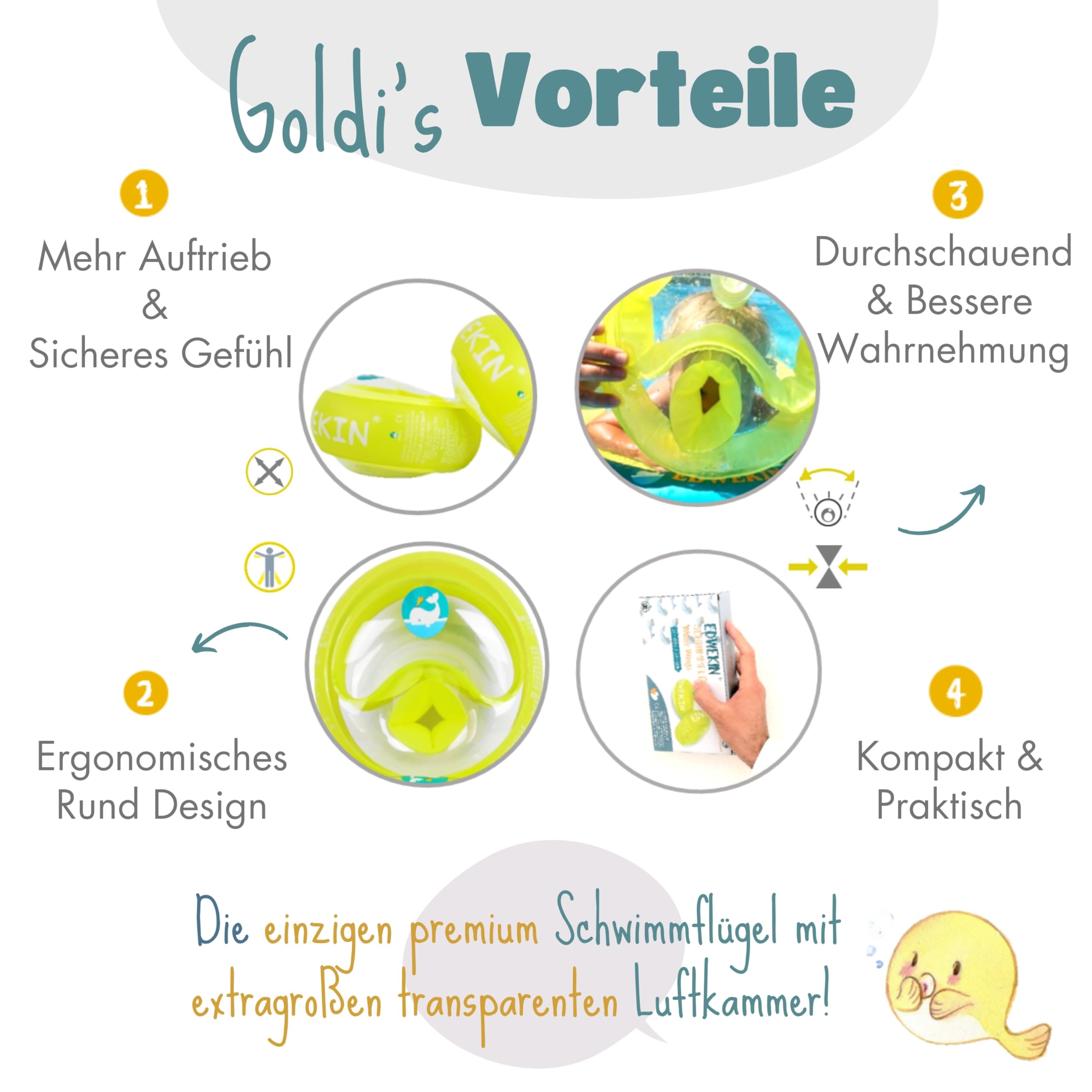 EDWEKIN® Goldi Premium Schwimmflügel | TÜV & GS-geprüft ✓ | Für Kinder 1–6 Jahre | Extragroße Luftkammern, BPA-frei, transparentes Design | Führende Schwimmhilfe für Babys und Kleinkinder 3