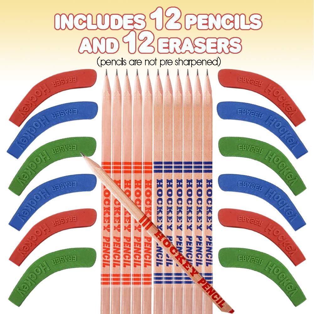 ArtCreativity Hockey Pencils for Kids and Adults - Set of 12 - Includes 9 Inch Pencils with Eraser Topper - Unique School Stationary Supplies - Birthday Party Favor for Boys and Girls, Classroom Prize: Toys & Games