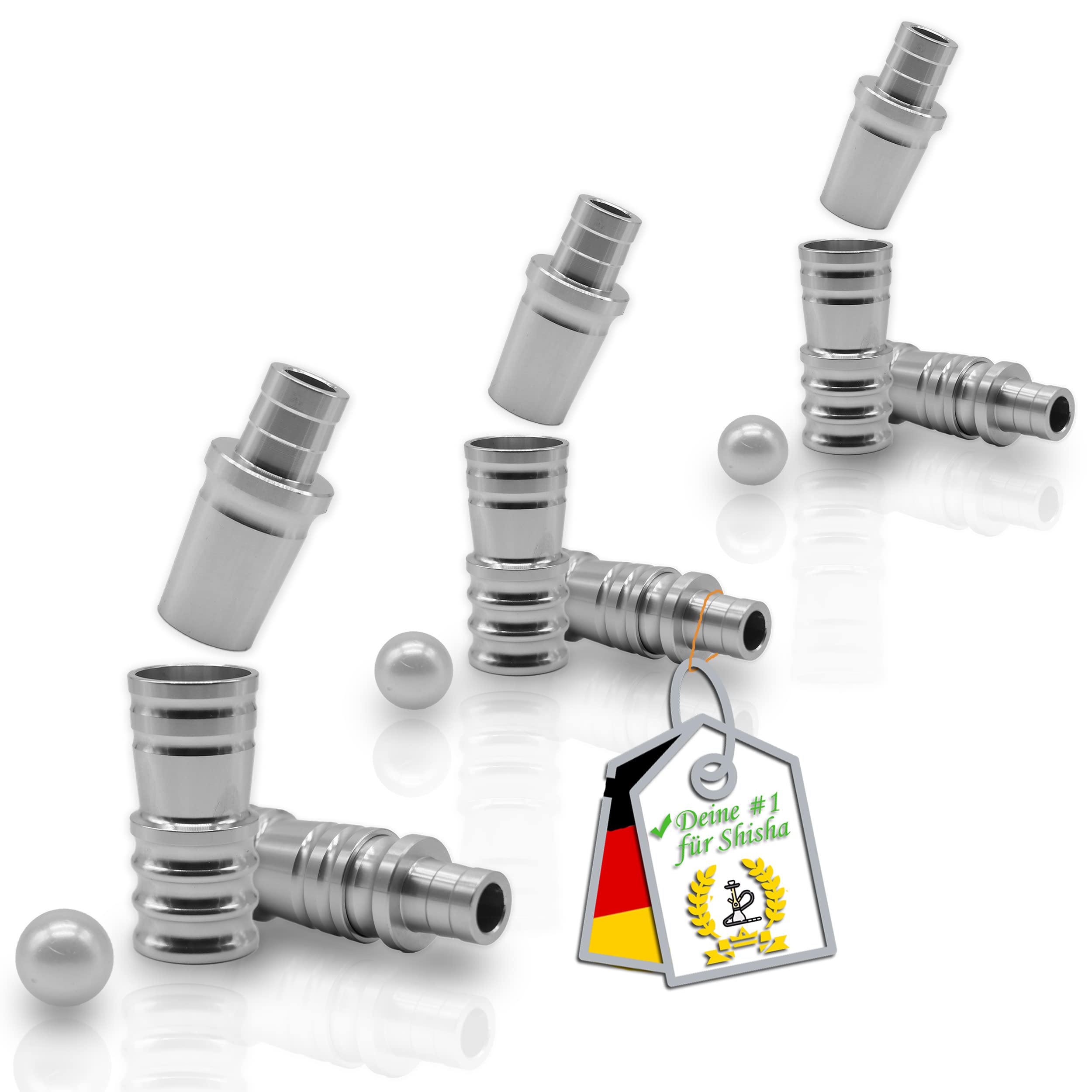 e-Row Shisha Hose Adaptor 18/8 Cut Aluminium Universal Suitable for All Shishas with Thread - Internal Thread M16x1 Including Matching Valve Ball Aluminium Hose Connection for Water Pipes (3)