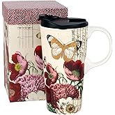 Topadorn Ceramic Coffee Mug Travel Cup with Gift Box, 17 Oz Tea Cups with Handle & Lid for Latte, Tea, Cappuccino, Milk, Cocoa, Microwave&Dishwasher Safe, Butterfly