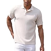 ABAFIP Men's Knit Short Sleeve Polo Shirt Ribbed Knitted Casual Summer Texture T Shirts V Neck Golf Tee