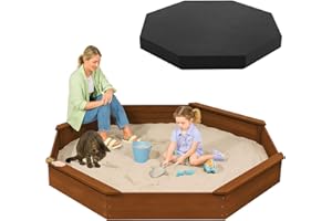 AMZOSS 85"x78" Octagon Wooden Sandbox with Waterproof Cover & Liner, Large Outdoor Sandpit with Benches, Fir Wood Sand Box for Kids Backyard Play, Weather-Resistant,Walnut
