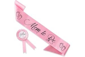 CORRURE Baby Shower Sash and Button Pin for Girl - 'Mom to Be' Sash and 'Dad to Be' Pin with Beautiful Pink Ribbon and Black Glitter Text - Ideal Mom and Dad Gift for Gender Reveal/Baby Shower