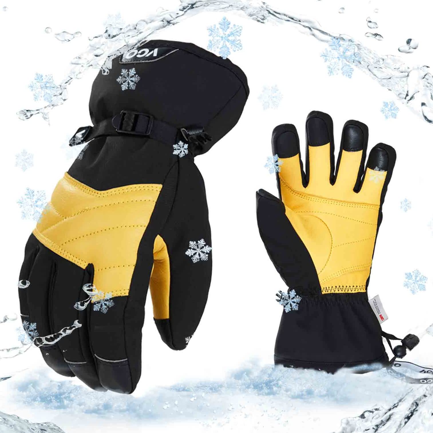 Vgo... 1Pair -30℃/-22°F or Above Cow leather Warm Ski Gloves for Men Women,Winter Snow Gloves,Outdoor Gloves,3M Thinsulate Waterproof Gloves(CA2469FW)