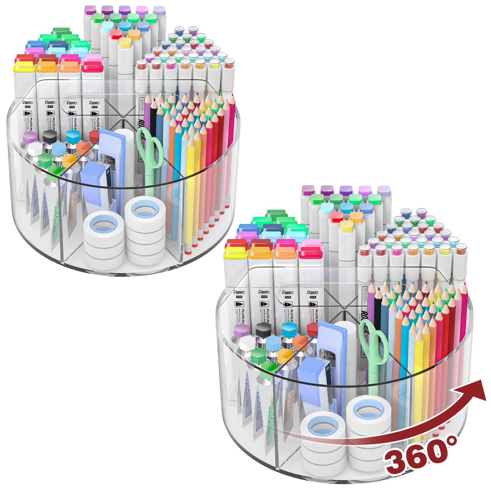 Photo 1 of Absonic 2 Pack Acrylic Pen Organizer, 360 Rotating Clear Colored Pen and Pencil Crayon Marker Holder Caddy for Desk, Desktop Storage and Organizer for School Art Supplies