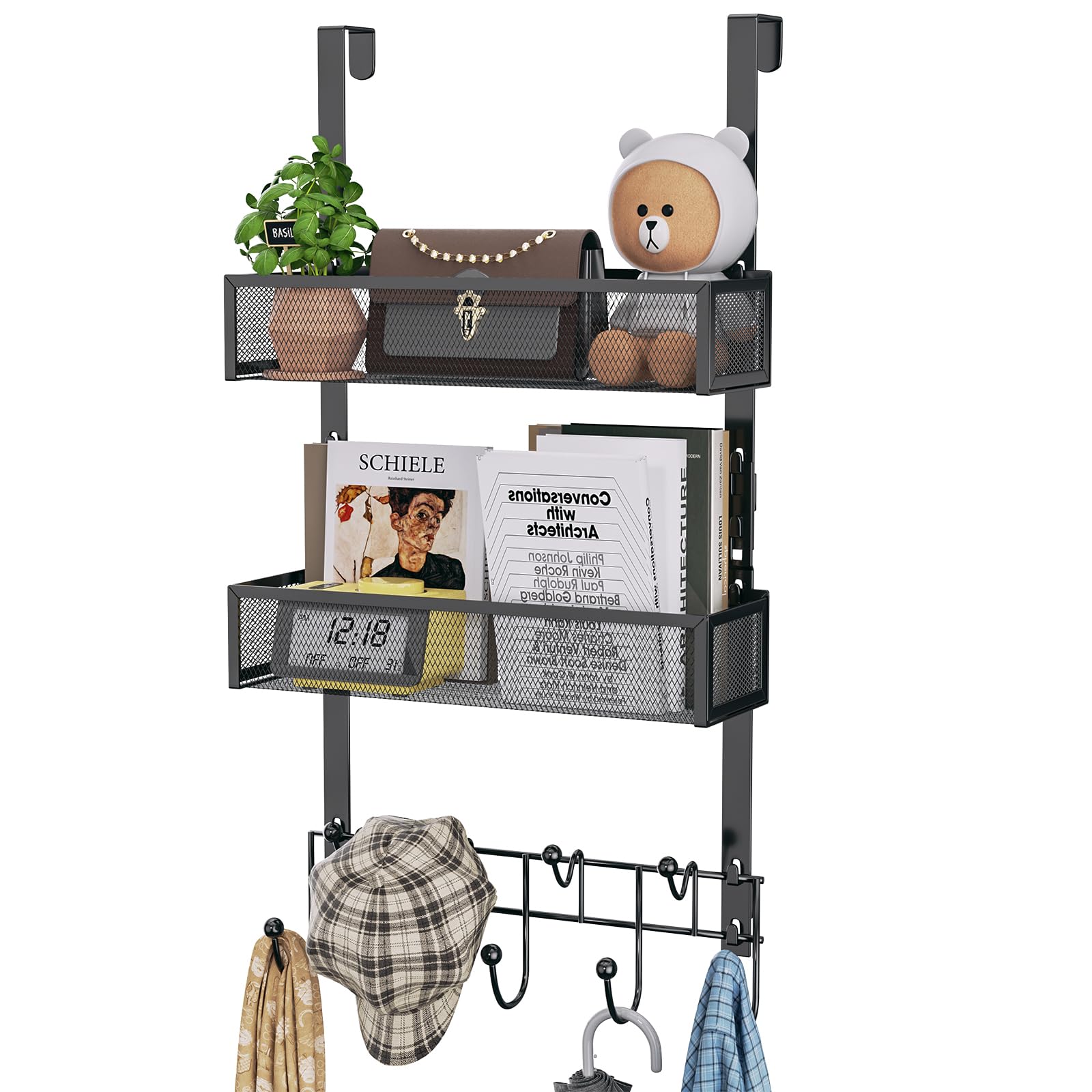 HapiRm Over The Door Organizer with 9 Coat Hooks and 2 Baskets, Stainless Steel Rustproof & Waterproof Over The Door Hanger Hooks for Bathroom, Kitchen, Bedroom-Black (for 1.76in Doors)