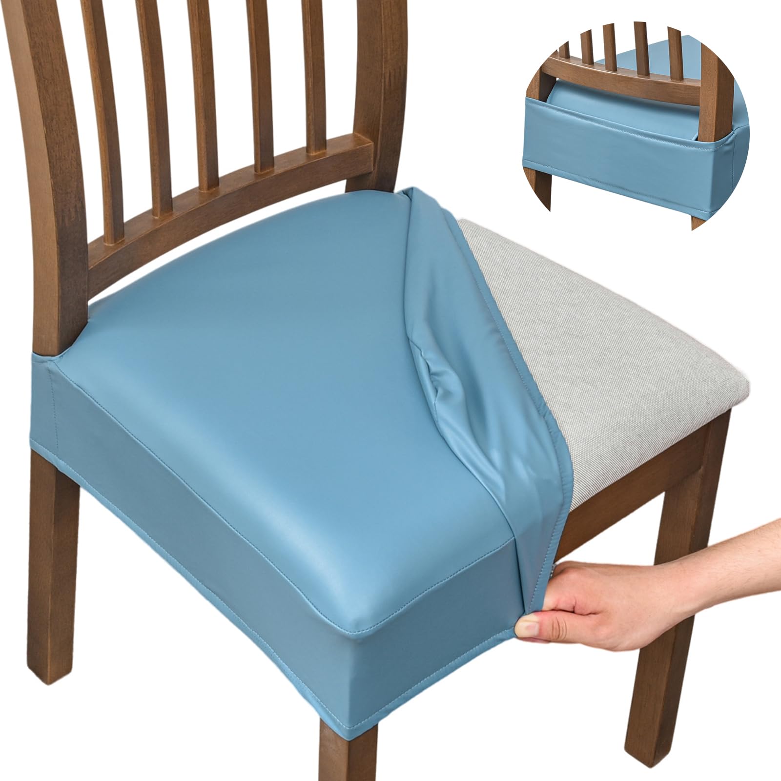 NILUOH Waterproof Seat Covers for Dining Room Chairs Set of 2, Pu Leather Chair Seat Slipcovers Dining Chair Cover Removable Washable Chair Protctor Cover, Rear Covers (PU-Light Blue)