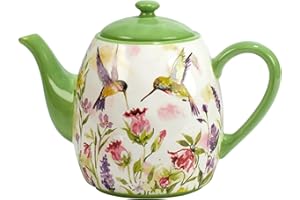 Hummingbirds Ceramic Teapot, 40 oz – Watercolor Floral Bird Design with Lid, Dishwasher & Microwave Safe, Whimsical Tea Pot f