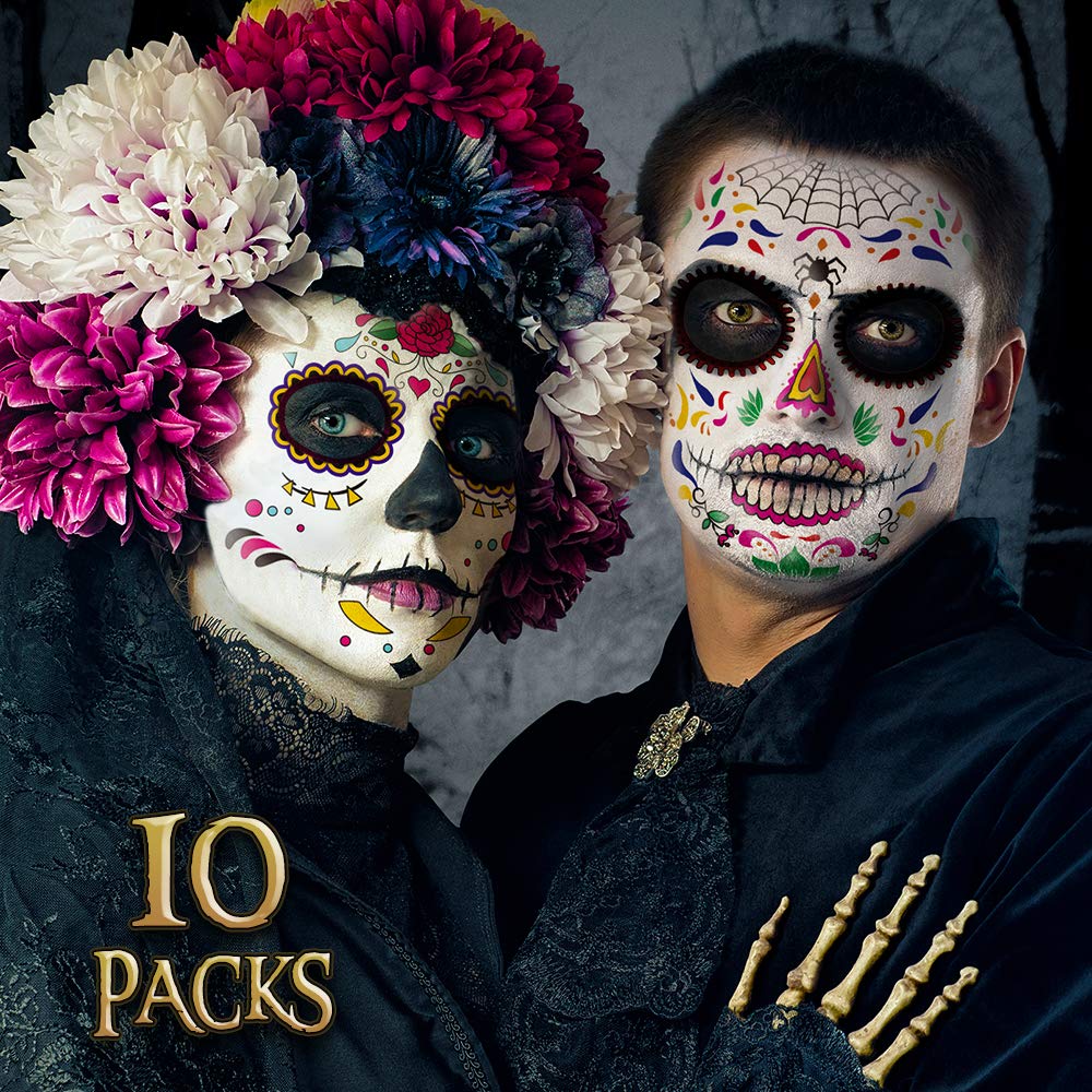 Amazon Com Day Of The Dead Face Tattoos 10 Pack Dia De Los Muertos Temporary Face Sticker Kit Halloween Tattoos Sugar Skull Costume Makeup Glitter Red Roses Skeleton Tattoos Temporary For Face