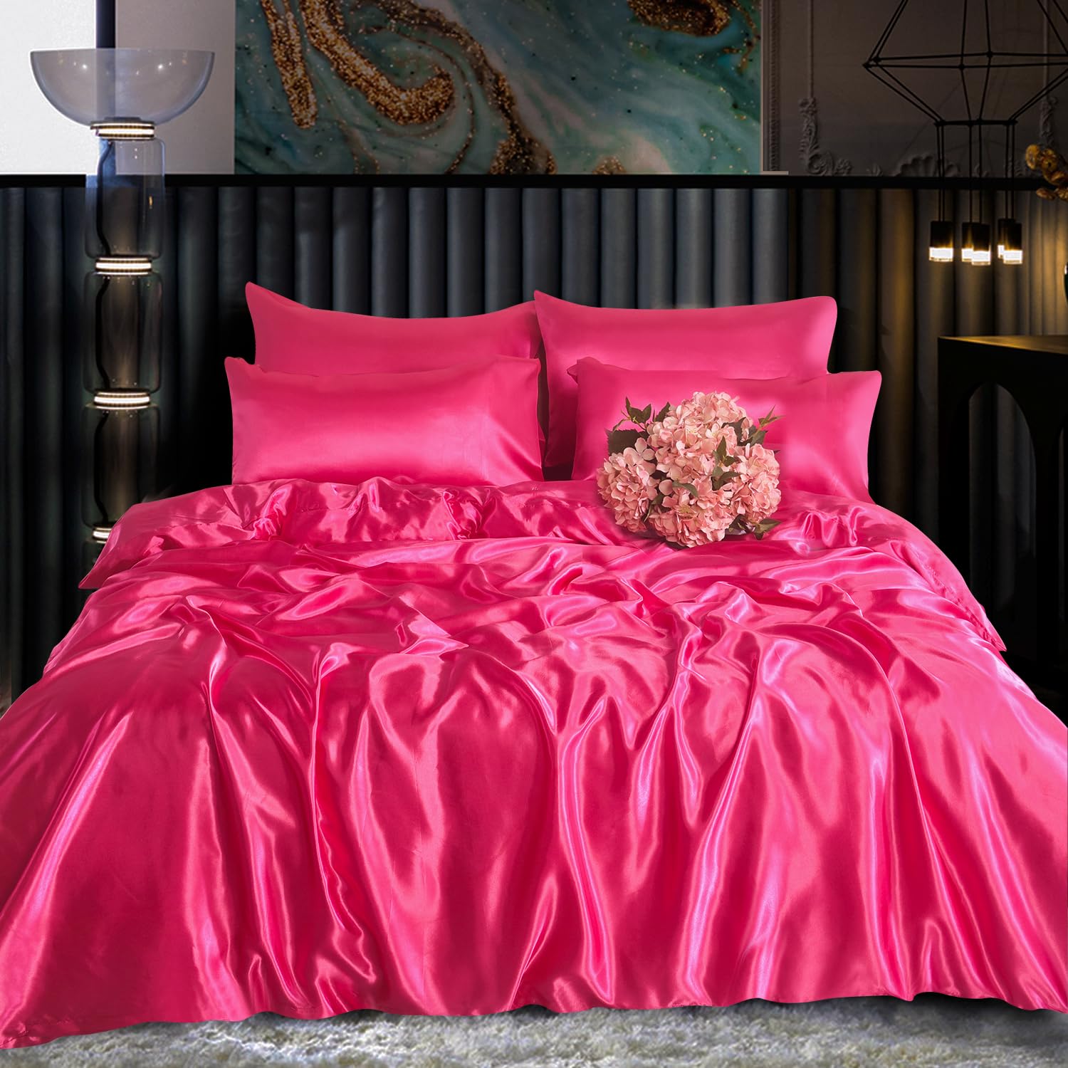 ROOEE Satin Silk Complete Bedding Set - 4 PCS - Fitted sheet, Duvet Cover, 2 Pillow Cases. Color - Fuchsia Pink Size - Single