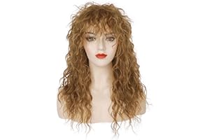 Wallden Hair 80s Rocker Wig for Men and Women Mullet Wig Light Brown Long Curly Heavy Metal Funny Wig for Singer Costume Cosplay Halloween 70s Retro Party Hippies Karaoke