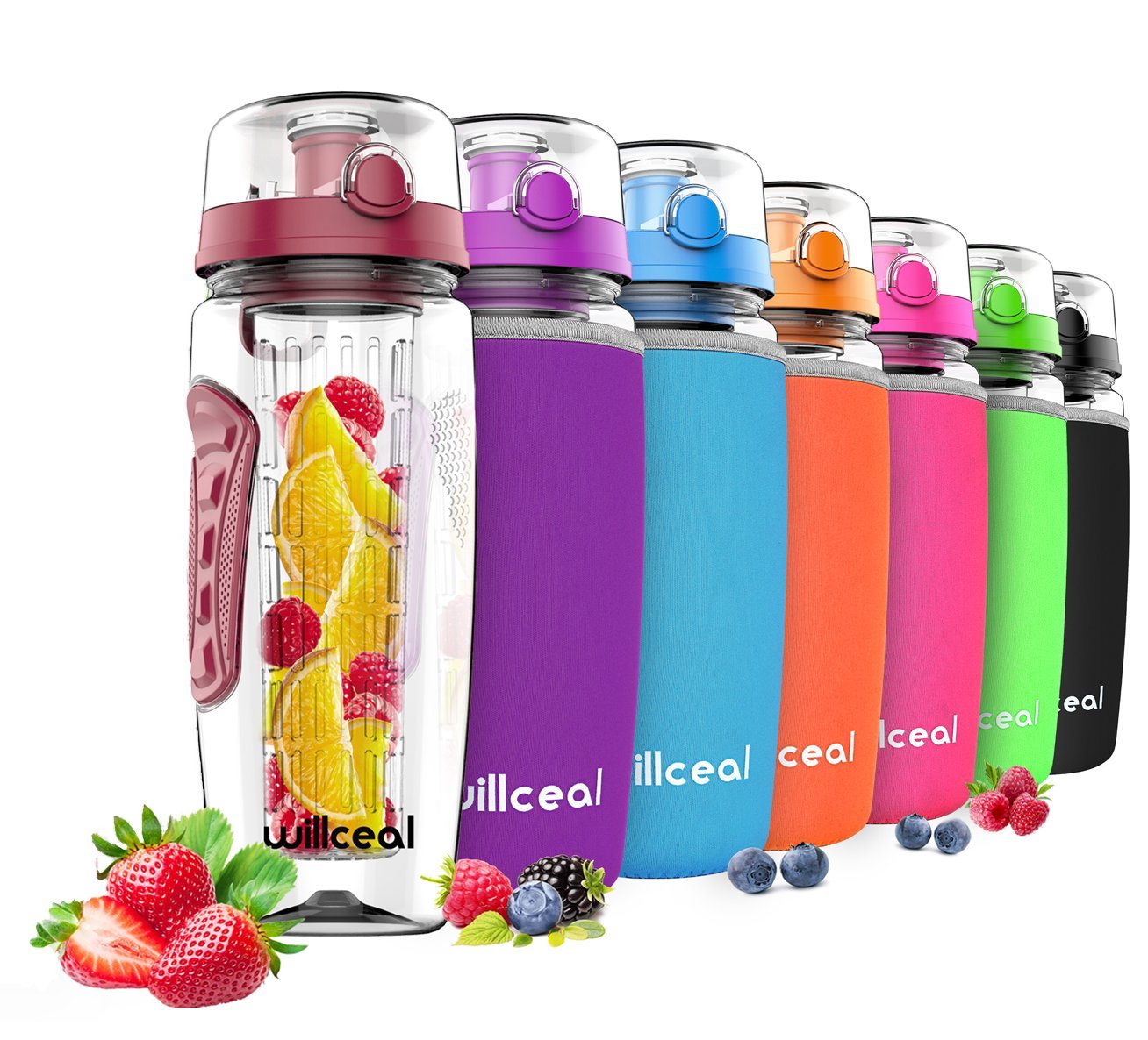 willceal Fruit Infuser Water Bottle 32oz Durable, Large - BPA Free Tritan,Flip Lid, Leak Proof Design - Sports, Camping (Deep Red)