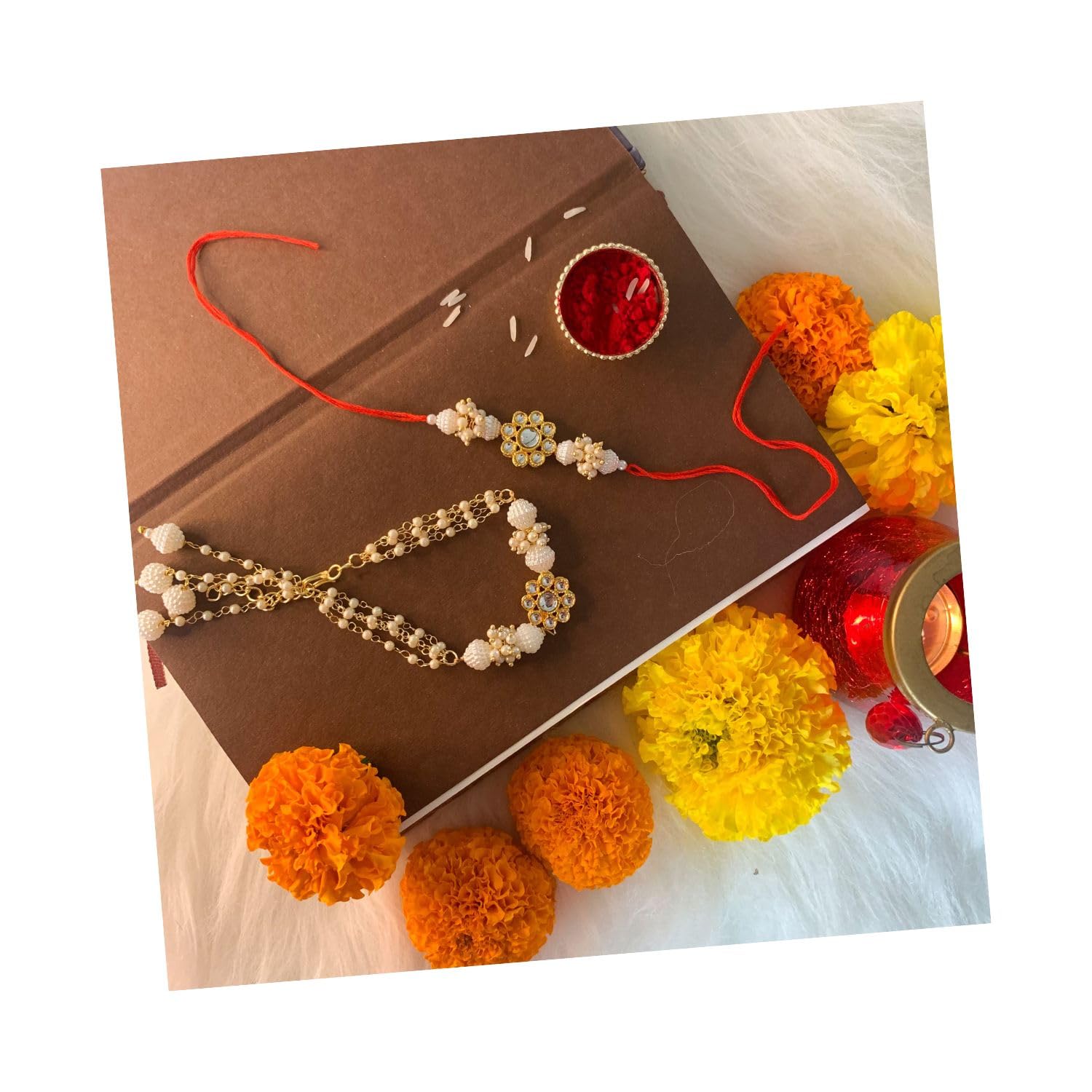 I Jewels Indian Festival Designer Bhaiya Bhabhi Hanging Lumba Rakhi Combo Set for Rakshabhandan Special (R015W-CO)