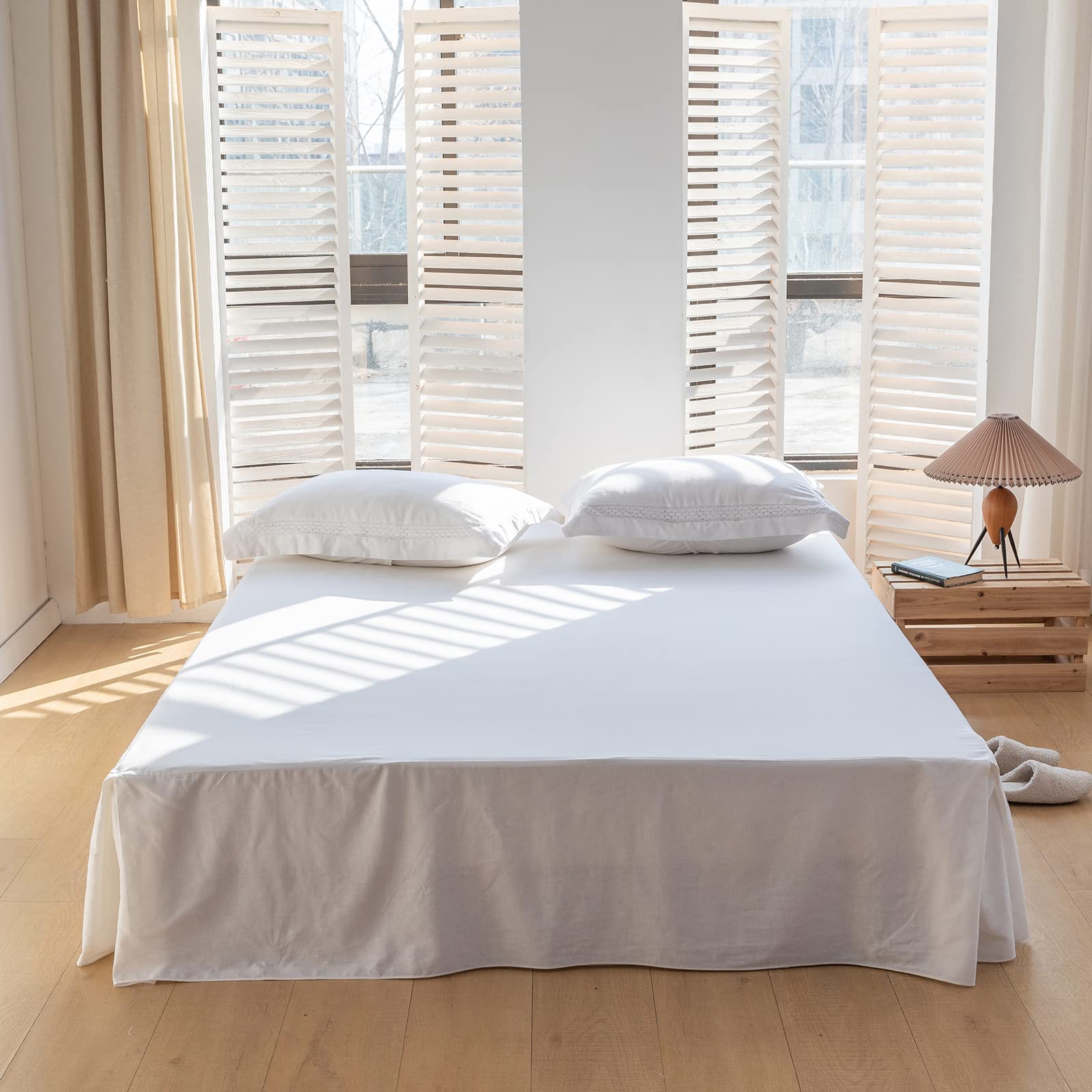 BISELINA French Linen Bed Skirt with Pleated Corner 14-Inch Tailored Drop Natural Flax Cotton Blend Basic Dust Ruffle Soft Cozy Farmhouse Bedding (14" Twin, Basic White) Image