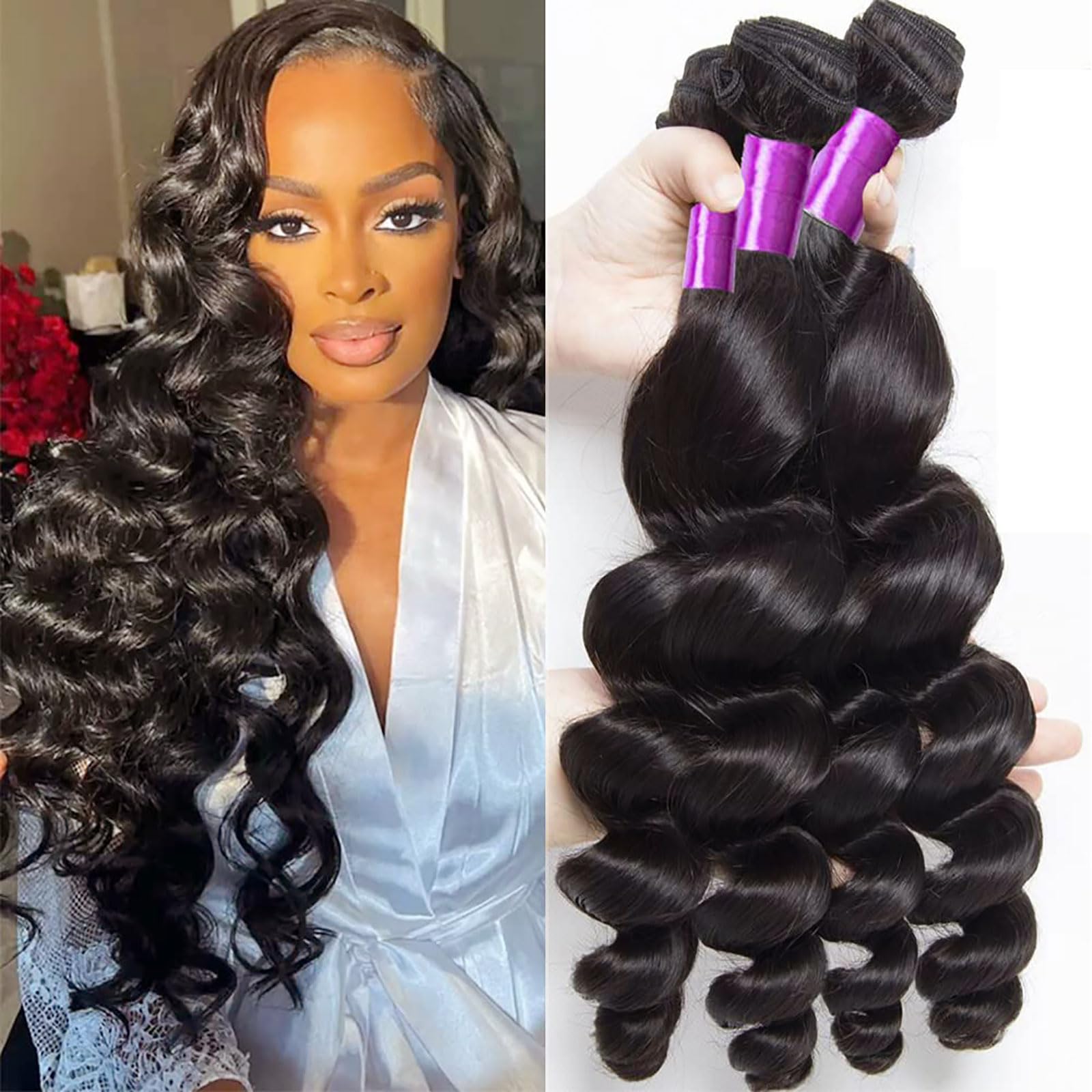 Huarisi Loose Wave Bundles Weaves Human Hair 22 24 26 28 Inch 4 Bundles Long Loose Wave Wavy Brazilian Virgin Hair 10A Unprocessed Remy Real Hair Extensions Sew in Weaving โ image 1