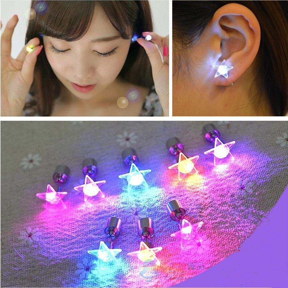 Led Earrings,4 Pair Glowing Light Up Earrings Star Shape Multicolor Bright Stylish Fashion Ear Drop Pendant Stud Stainless for Party Men Women Halloween Thanksgiving Day Christmas(4 color)