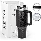 FECBK 40 oz Tumbler with Handle and Straw, 100% Leak-Proof Travel Mug, Stainless Steel Double Wall Vacuum Insulated Coffee Cup Keeps Cold For 34 Hours, Full Black Leopard