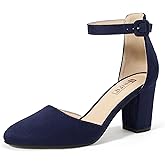 IDIFU IN3 Closed Toe Heels for Women High Chunky Block Heels Women's Pumps Comfortable Dressy Wedding Bride Party Homecoming Prom Work Shoes Fashion Ankle Strap Round Toe Dress Shoes