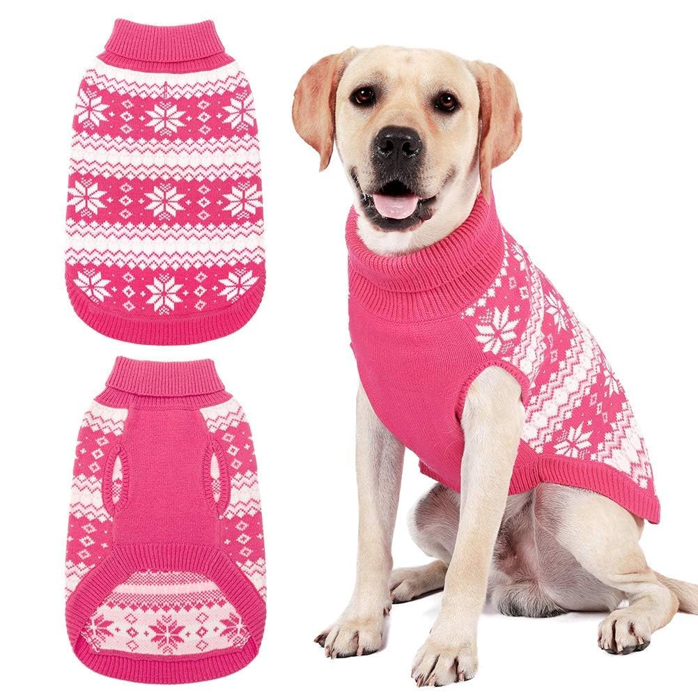 KOOLTAIL Cable Knit Dog Sweater Turtleneck, Cold Weather Pullover Classic Knitwear, Snowflake Pattern Thick Warm Winter Pet Clothes, Dog Christmas Sweater for Small Medium Large Dogs Girl, Pink L