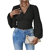 MakeMeChic Women's Plus Size Wrap V Neck Tops Long Sleeve Ruched Crop Top Business Casual Blouse