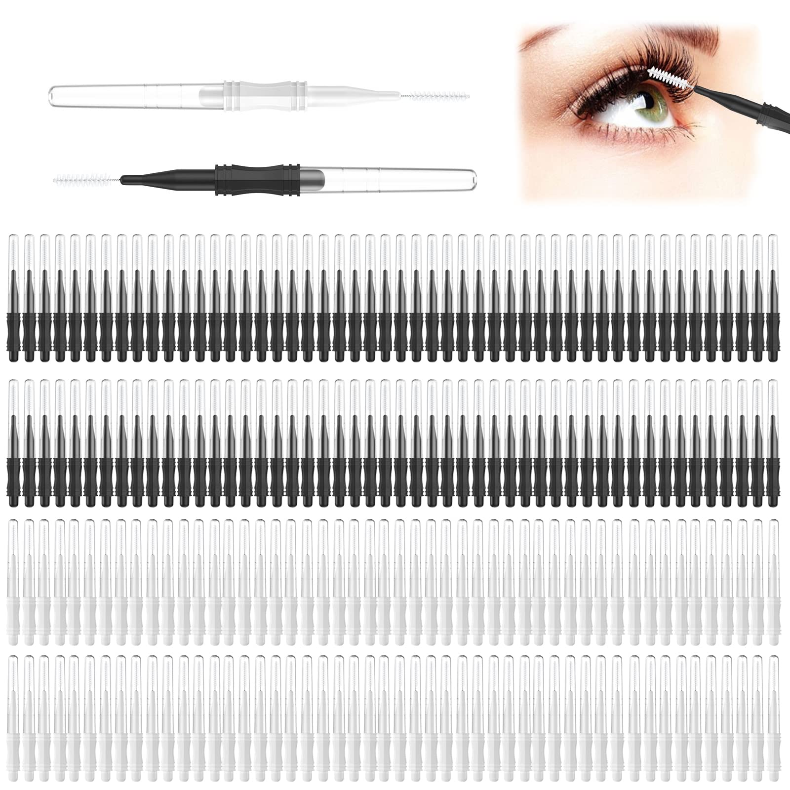 200 Pcs Micro Eyebrow Brush With Cap, Multifunctional Eyebrow Spoolie Brush Brow Lamination Brush 2 Size Micro Spooly Lash Mascara Brush Comb for Eyelash Lift Extensions Brow Clean(White, Black) — image 1