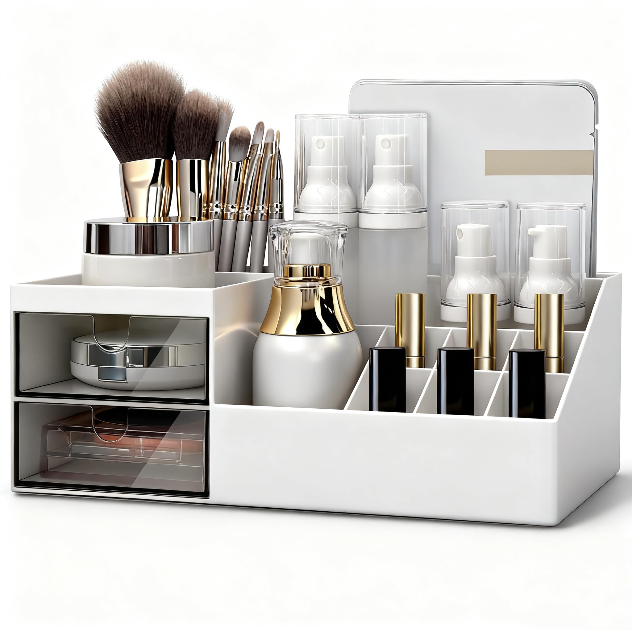 NWK Makeup Organiser Large Cosmetic Brush Holder Display Storage Box Bag Bathroom Dresser Desk Office Storage Organizer with 2 Drawers and 11 Compartments (White) — image 1