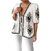 WDIRARA Women's Boho Graphic Tie Front Blouse V Neck Puff Short Sleeve Babydoll Tops