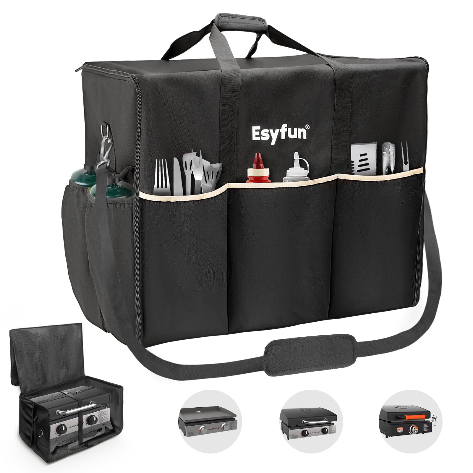 Photo 1 of Esyfun Griddle Carry Bag for Blackstone 22 inch Tabletop Griddle with Hood and Stand (1813/1666/1891), 1680D Heavy-Duty Water-Resistant Outdoor BBQ Griddle with Grill Cover Carrying Bag, Black