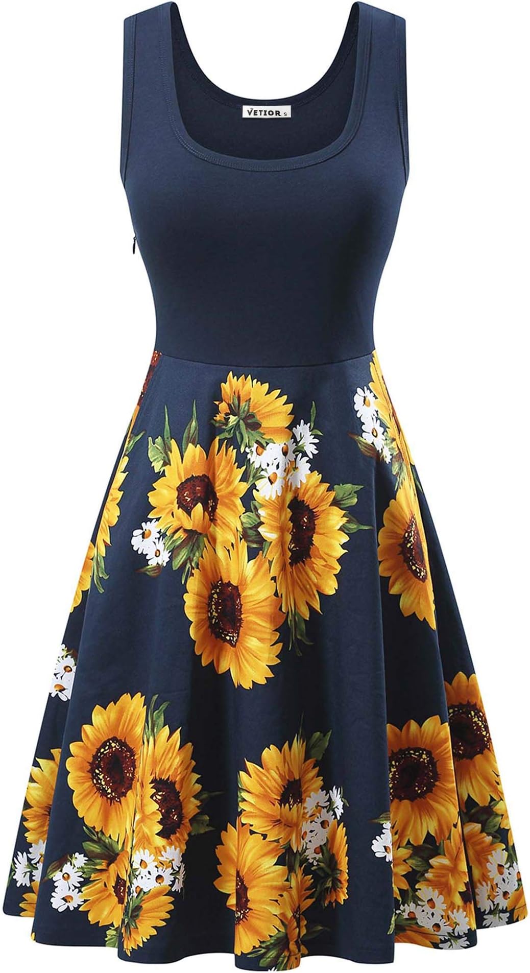 VETIOR Flared Tank Dress, Vintage Scoop Neck Dress Sleeveless Midi Dress with Pockets