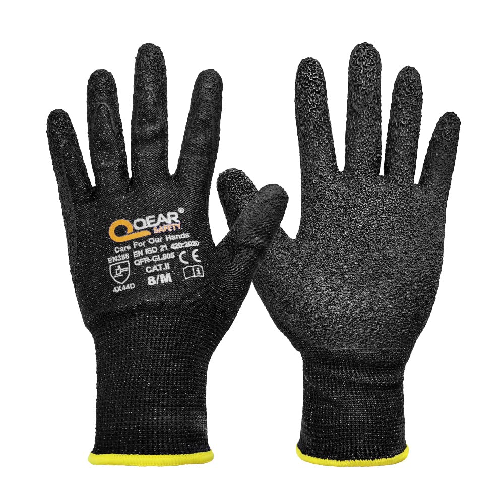 QEARSAFETY 1 Pair Black HPPE Cut 5 Protection Work Safety Gloves, Textured Grip Latex Rubber Palm Coated, Abrasion, Snug, Tough,Cut Sharp Glasses, Metal Work, Construction,DIY(XL)