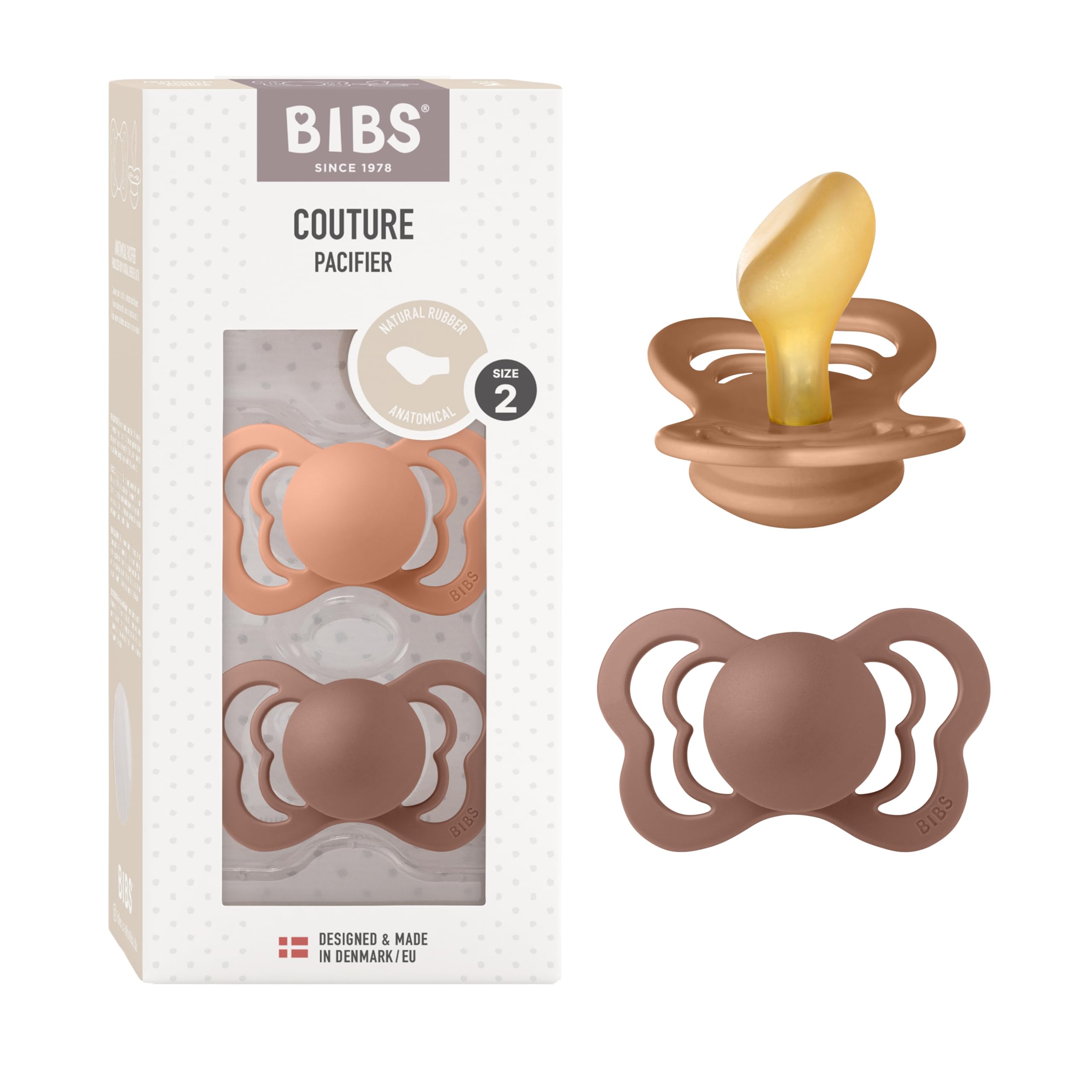 BIBS Couture Soother 2-Pack, BPA Free Dummy Pacifier, Anatomical Nipple. Natural Rubber Latex, Size 2 (6-18 Months), Peach/Woodchuck