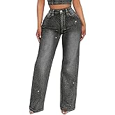 Ptorlio Womens Rhinestone Jeans Baggy Wide Straight Leg High Waisted Y2k Sparkly Bling Diamonds Denim Pants