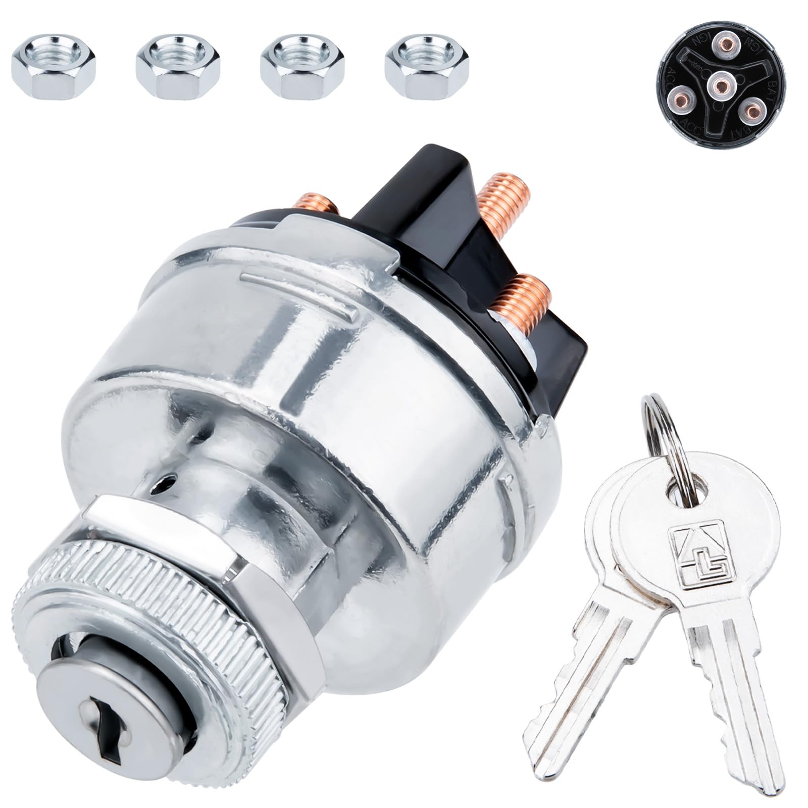 Photo 1 of Ignition Switch with Key, Universal Ignition Key Switch, 12V 4 Position Starter Key Ignition Switch, Fits Most Car, Truck, Tractor, Trailer, Forklift, and More, Acc/Off/IGN/Start 4 Terminal