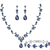 Paxuan Bridal Wedding Elegant Floral Jewelry Set for Women/Brides/Bridesmaids Crystal Jewelry Set for Wedding Prom Party Bridal Crystal Necklace Earrings Bracelet Set