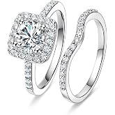 MDFUN 18K White Gold Plated 2-in-1 Halo CZ Engagement Wedding Rings Women | Cushion Cut Cubic Zirconia Bridal Ring Set, Curved Stackable Promise Rings Eternity Bands for Women